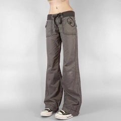 Aiertu - Vintage Lace-up Mid-sied Jeans 2000s Women Streetwear Aesthetic Pockets Straight Leg Trousers Fashion Autumn Outfits Aiertu