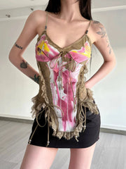 Aiertu - Vintage Lace Patchwork Streetwear Tanks Women Printing Slim Fit Bandage Camisole Summer Harajuku Sexy Y2k Aesthetic Tank Top Aiertu