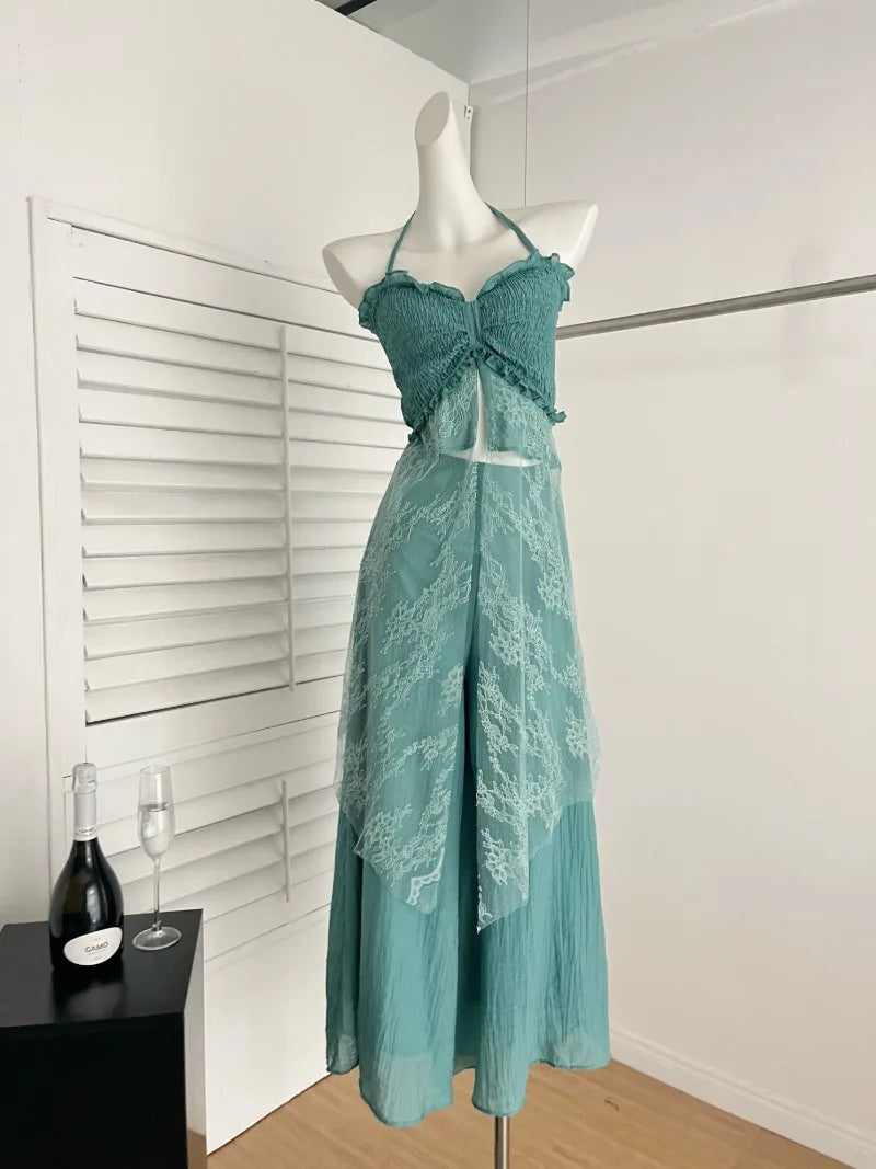 Aiertu Vacation Style Women's Summer Mint Green Halter Neck Strap Top High-waisted Wide-leg Pants Two-piece Set Fashion Female Clothes Aiertu