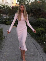 Aiertu - Backless Ruffled Knitted Long Dress For Women Contrast Color Flare Sleeve Autumn Sexy Bodycon Evening Party Sweater Dress Aiertu