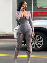 Aiertu - See Through Mesh Sexy Jumpsuit Women Bow Splice Long Sleeve Bodycon One Piece Hot Girl Party Sexy Club Overalls For Woman Aiertu