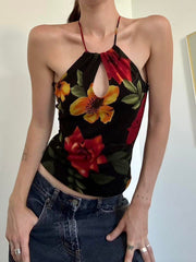 Aiertu - summer inspo Vintage Aesthetic Big Floral Print Slim Backless Tie Halter Top Women Summer Vacation Tank Vest Aiertu