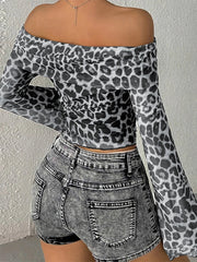 Aiertu - Women's Leopard T-shirt Harajuku Korean Y2k Tee Top Vintage Off Shoulder Long Sleeve Slim T-shirts 2000s Trashy Clothes Autumn Aiertu