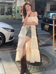 Aiertu - Summer Slash Neck Off Shoulder Sexy Women Dresses Y2k Aesthetic Basic Split Slim Dress Fairy Harajuku Bandage Fashion Vestidos Aiertu