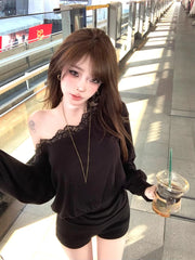 Aiertu - New Woman Korean Fashion 2 Piece Set Solid Sweet Suit Spicy Girls Casual Long Sleeve Tops + Slim Fit Y2k Shorts Outwear Chic Aiertu