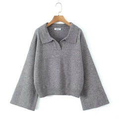 Aiertu - Grey Flare Sleeve Turn Down Collar Warm Winter Sweater Women Pullover Knitted Jumper Autumn Casual Sweater Loose Aiertu