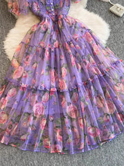 Aiertu Summer Women Floral Mesh Midi Dress Sweet Square Collar Short Puff Sleeve Ruffle Vestidos Female Elegant Purple/Green/Red Robe Aiertu