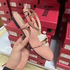Aiertu - French Round Head One-Line Buckle Flat Shoes Women'S Gentle Style Ballet Shoes Back Empty Toe Sandals Aiertu