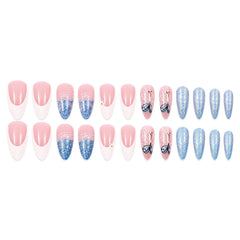 Aiertu - 24PCS Retro French Fake Nail Art Glitter Simple Blue Sequin Butterfly Designs Almond Detachable Press on Nails Sweet False Nails Aiertu