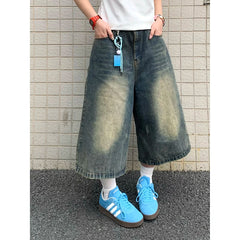 Aiertu Vintage Y2K Wash Whiskers Denim Shorts Women Low Rise Distressed Frayed Wide Leg Baggy Jeans Jorts Casual Summer Clothes Aiertu