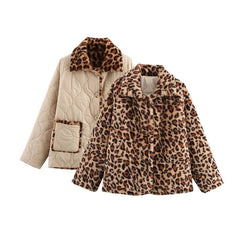 Aiertu - Fashion Double-Side Beige and Leopard Quilted Cotton Jacket For Women Winter Turn-down Collar Single-breasted Pocket Outerwear Aiertu