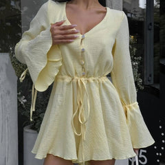 Aiertu - Cotton Pleated Women Jumpsuit with Button V-neck Drawstring High Waist Flared Sleeve Casual Rompers Commuter Strappy Jumpsuit Aiertu
