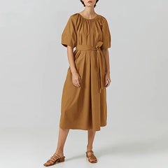 Aiertu - Elegant Style 100% Cotton Midi Dress with Belt Loose Waist Pleated Soild Elastic O-Neck Summer Dresses A-Line Lace-up Lady Robe Aiertu