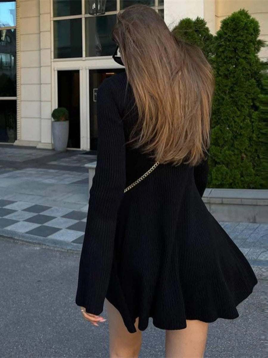 Aiertu - Long Sleeved Knitted Turtleneck Dress Women's Solid Color A-line Skirt Autumn Stylish Ladies Sweater Knee Length Dress Aiertu