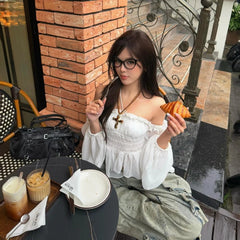 Aiertu Off Shoulder Ruffles Sexy Lantern Long Sleeve Halter Backless Fashion All-match Crop Tops Y2K Summer Streetwear Blouses Aiertu