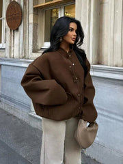 Aiertu - Fashion Single Breasted Big Pockets Bomber Jackets Women Casual Loose Long Sleeve Button Coats 2026 Female Vintage Outerwears Aiertu
