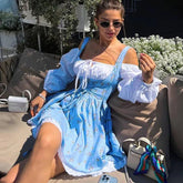Aiertu - Puff Sleeve Suspender Dress Women Fake Two Pieces Flower Strapless Ruffles Splice Long Sleeve Lace Up Party Dress Summer Aiertu