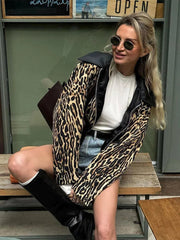 Aiertu - Women's Casual Leopard Printed Leather Lapel Patchwork Jacket Chic Zipper Long Sleeve Short Slim Coat 2026 Lady High Streetwear Aiertu