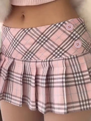 Aiertu -Pink Plaid Contrast Low-Waist Pleated Skirt aiertu