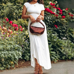 Aiertu - Long Dress Women Fashion Casual Solid Round Neck Short Sleeve Irregular Twisted Pleated Lace Up Nipped Waist Slit Dress Aiertu