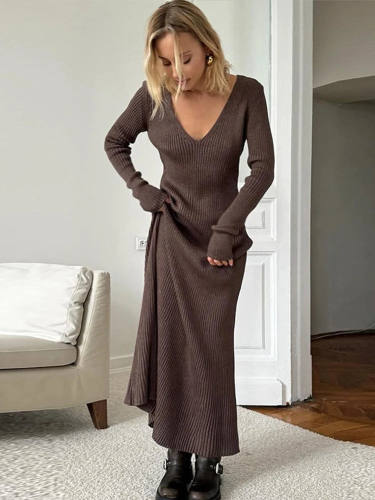 Aiertu - Women Knitted V-Neck Maxi Dress Slim Long Sleeve Ribbed Sexy High Waist Party Dresses Elegant Lady Solid Long Skirt 2026 Autumn Aiertu