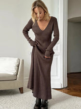 Aiertu - Women Knitted V-Neck Maxi Dress Slim Long Sleeve Ribbed Sexy High Waist Party Dresses Elegant Lady Solid Long Skirt 2026 Autumn Aiertu