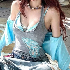Aiertu Y2k Aesthetic Two Piece Set Streetwear Lace Patchwork Butterfly Embroidery Crop Tank Top + Streetwear Sexy Vest 2 Suits Summer Aiertu