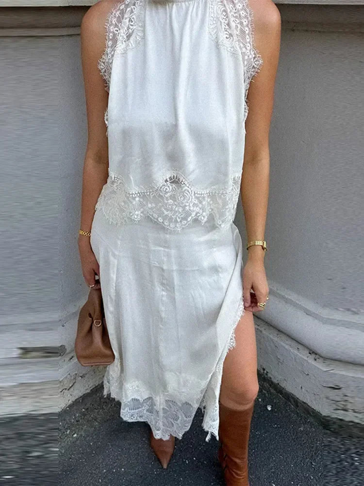 Aiertu - Elegant Lace Patchwork Skirt Sets Women Sleeveless O Neck Tank Top Split Midi Skirts Suits 2025 New Vacation Solid Outfit Street Aiertu