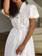 Aiertu - Summer White Elegant Holiday Long Dresses Women 2026 New V Neck Lace-up Puff Sleeve Maxi Dress Casual Fashion A-line Vestidos Aiertu