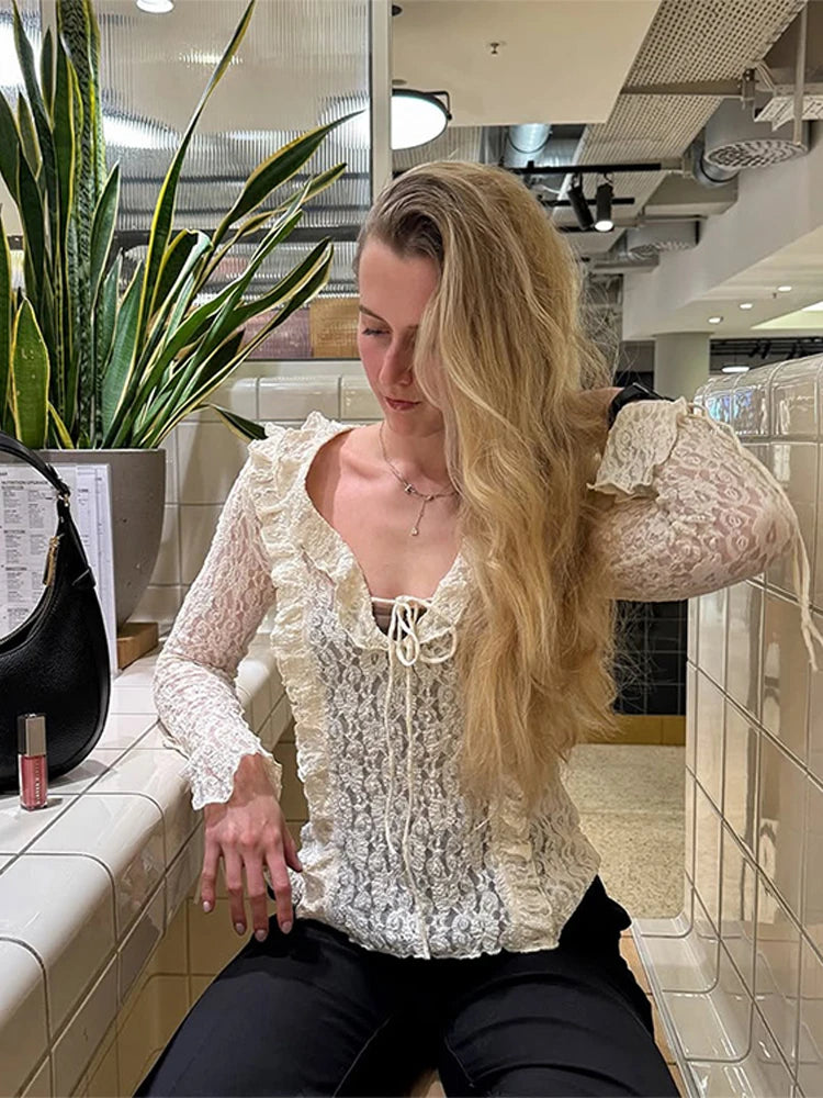 Aiertu - Fashion V-neck Solid Lace Laminated Decoration Blouse Women Hole Long Sleeves Loose Lace-up Shirt 2025 Women Spring Streetwear Aiertu