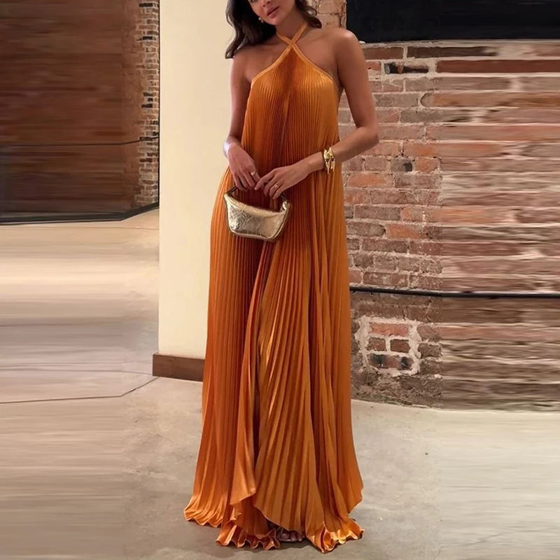 Aiertu - Sexy Halter Lace-up Backless Evening Dress Womens Spring Solid Rib Pleated Long Dress Summer Sleeveless Hollow Boho Maxi Dresses Aiertu