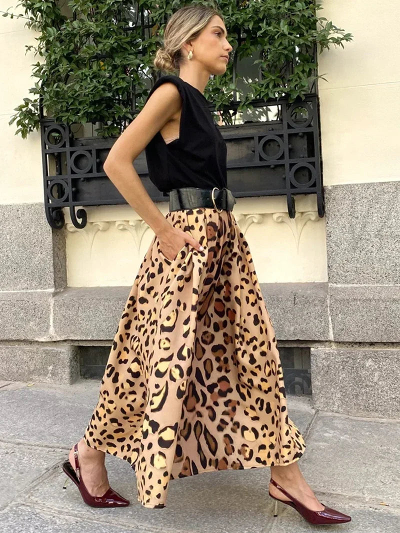 Aiertu - Leopard Print Elegant Big Swing Midi Skirt Women Fashion Streetwear A-line Skirt High Waist Vintage Vacation Skirt Aiertu
