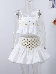 Aiertu - Fashion Sequin Skirt Set Women Sling Sleeveless Back Ruffle Hem Crop Tank High Waist Pleated A-line Mini Skirts Female Sets 2025 Aiertu