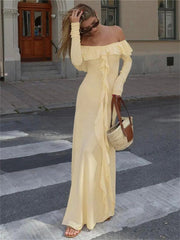 Aiertu - Elegant Maxi Dress Tassel Ruffles Women Slash Neck Off Shoulder Full Sleeve Ladies Evening Party Prom Slim Vestidos Aiertu