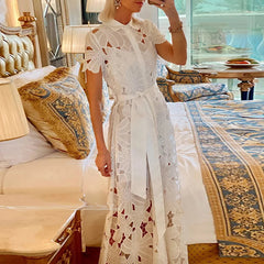 Aiertu - Summer Women's Lapel Tie Up Lace Dress Sexy Hollow Short Sleeved Single Breasted Long Dress Casual Solid Color Holiday Dresses Aiertu