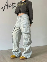 Cargo Jeans Women Y2k Vintage Distressed Multi-pocket Trousers Winter Fashion Original Streetwear Grunge Baggy Wide Denim Pants Aiertu
