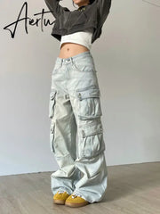 Cargo Jeans Women Y2k Vintage Distressed Multi-pocket Trousers Winter Fashion Original Streetwear Grunge Baggy Wide Denim Pants Aiertu