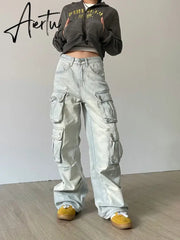 Cargo Jeans Women Y2k Vintage Distressed Multi-pocket Trousers Winter Fashion Original Streetwear Grunge Baggy Wide Denim Pants Aiertu