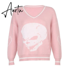 Cartoon Pattern Sweaters Women Oversized Pullovers Harajuku Aesthetic Streetwear Jumper Korean Knitwear Autumn Preppy Style Warm Aiertu