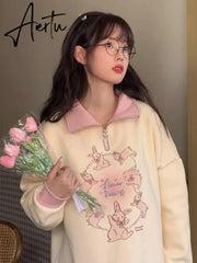Cartoon Print Streetwear Kawaii Hoodies Zipper Pullovers Contrast Color Womens Sweatshirt Y2K Fashion Womans Tops Aiertu