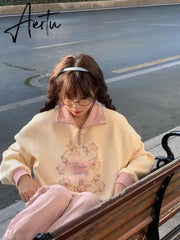 Cartoon Print Streetwear Kawaii Hoodies Zipper Pullovers Contrast Color Womens Sweatshirt Y2K Fashion Womans Tops Aiertu