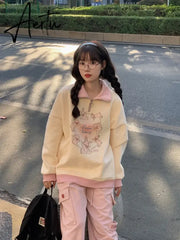 Cartoon Print Streetwear Kawaii Hoodies Zipper Pullovers Contrast Color Womens Sweatshirt Y2K Fashion Womans Tops Aiertu