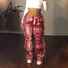 Casaul Women Streetwear Print Pants Tassel Cargo Pants Colorful High Streetwear Sporty Long Pants For Women Winter Outfit Aiertu