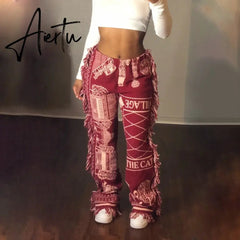 Casaul Women Streetwear Print Pants Tassel Cargo Pants Colorful High Streetwear Sporty Long Pants For Women Winter Outfit Aiertu