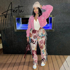 Casaul Women Streetwear Print Pants Tassel Cargo Pants Colorful High Streetwear Sporty Long Pants For Women Winter Outfit Aiertu