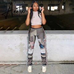 Casaul Women Streetwear Print Pants Tassel Cargo Pants Colorful High Streetwear Sporty Long Pants For Women Winter Outfit Aiertu