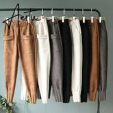 Casual Autumn Winter Women Pants Korean Elastic High Waist Pockets Suede Harem Pants Trousers Women Pantalon Femme Aiertu