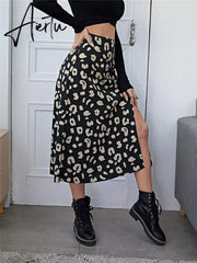 Casual Beach Split Midi Skirts Ladies Girls High Waist Leopard Printing A-line Skirts Women Fashion Summer Autumn Clothing Aiertu