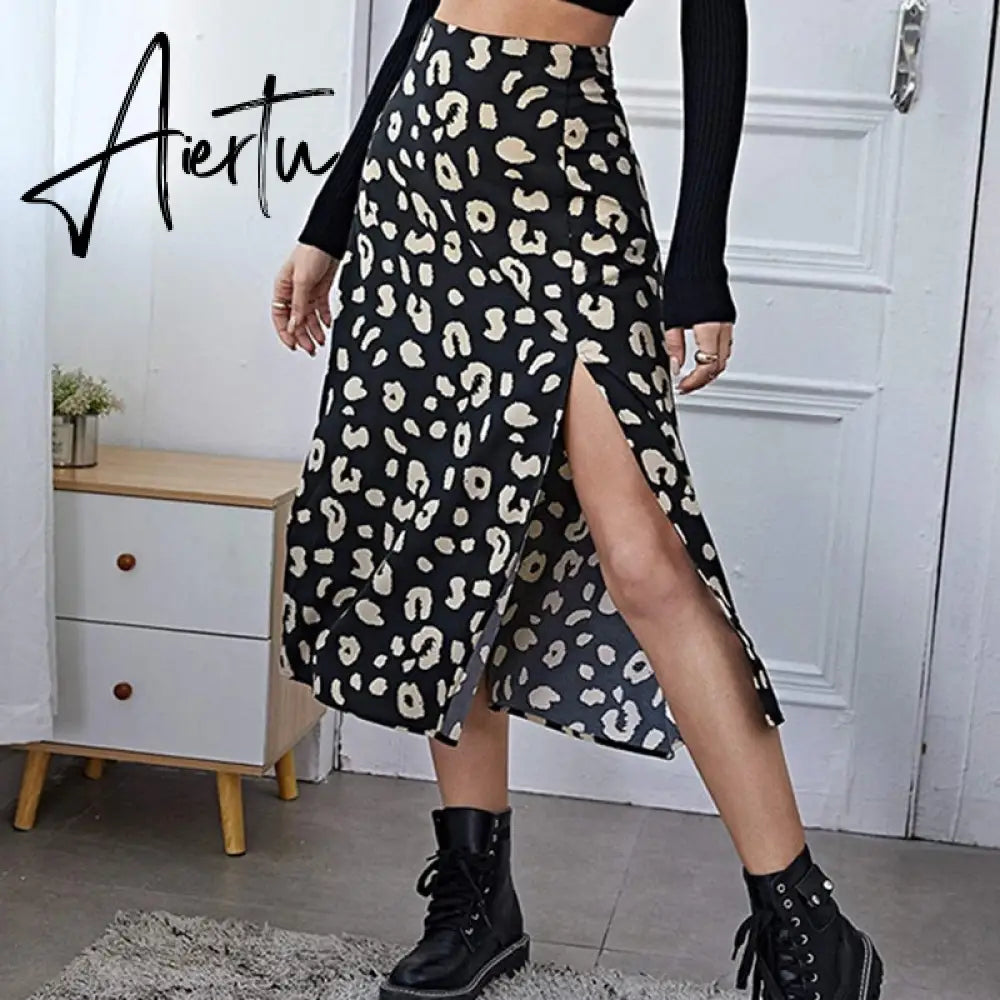 Casual Beach Split Midi Skirts Ladies Girls High Waist Leopard Printing A-line Skirts Women Fashion Summer Autumn Clothing Aiertu