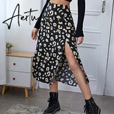 Casual Beach Split Midi Skirts Ladies Girls High Waist Leopard Printing A-line Skirts Women Fashion Summer Autumn Clothing Aiertu